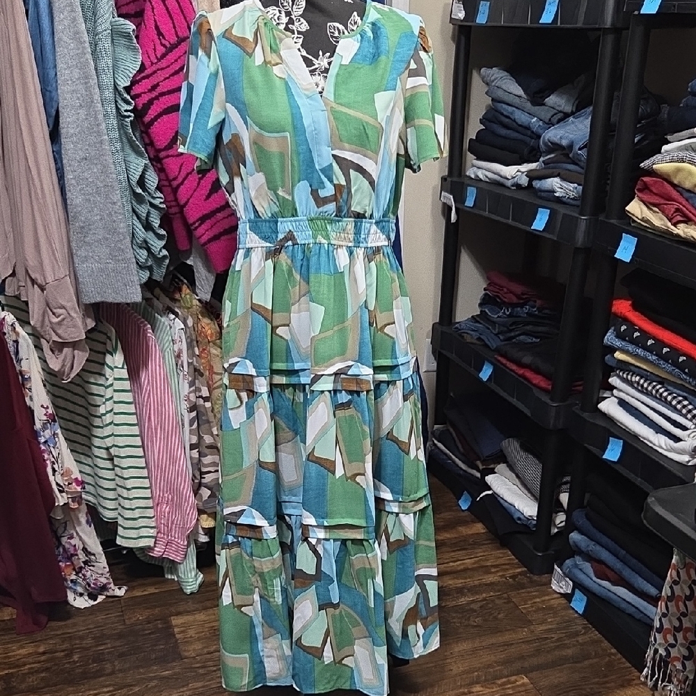 Elegant Blue and Green Maxi Dress